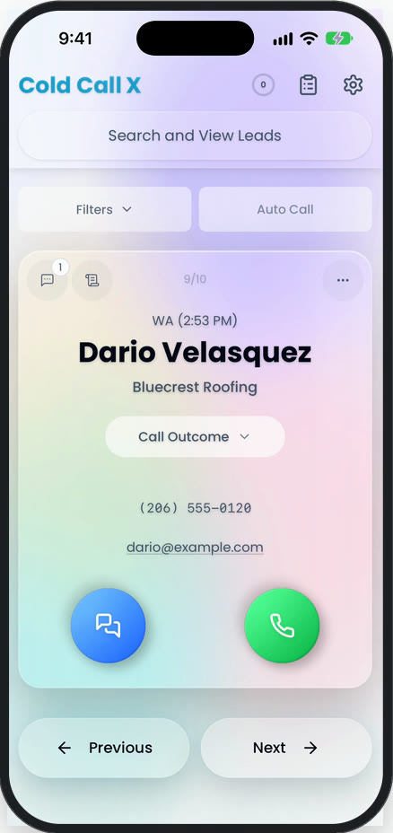 Cold Call X on iPhone, showing a lead card ready to call